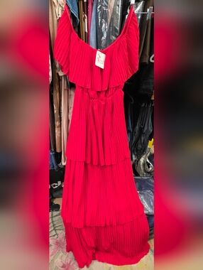Long Red Tiered Ruffle Maxi Dress